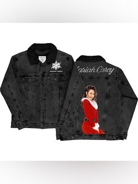 Mariah Carey Black Sherpa-Collar Denim Jacket with Festive Graphic  Sm